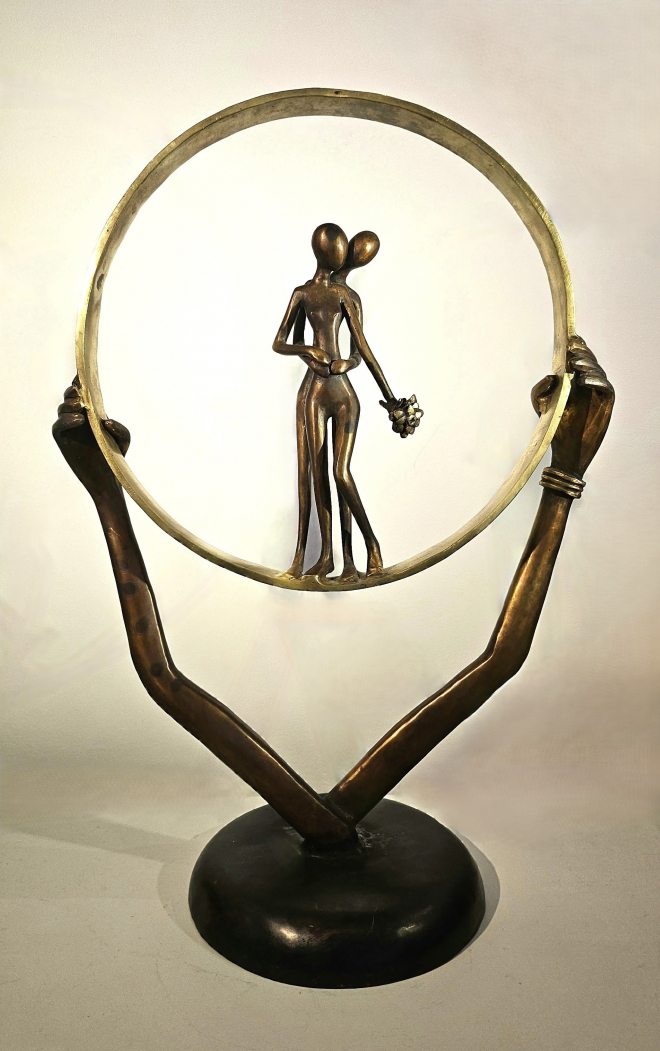 Couple au bouquet debout sur anneau - Bronze-Carl JAUNAY